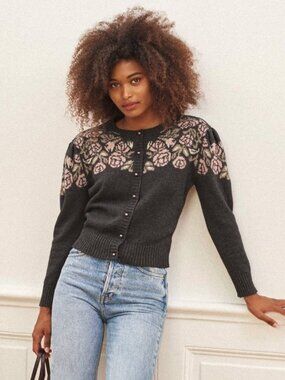 EUC Rouje Robert Wool Blend Floral Puff Sleeve Cardigan Charcoal Pink 34, XS